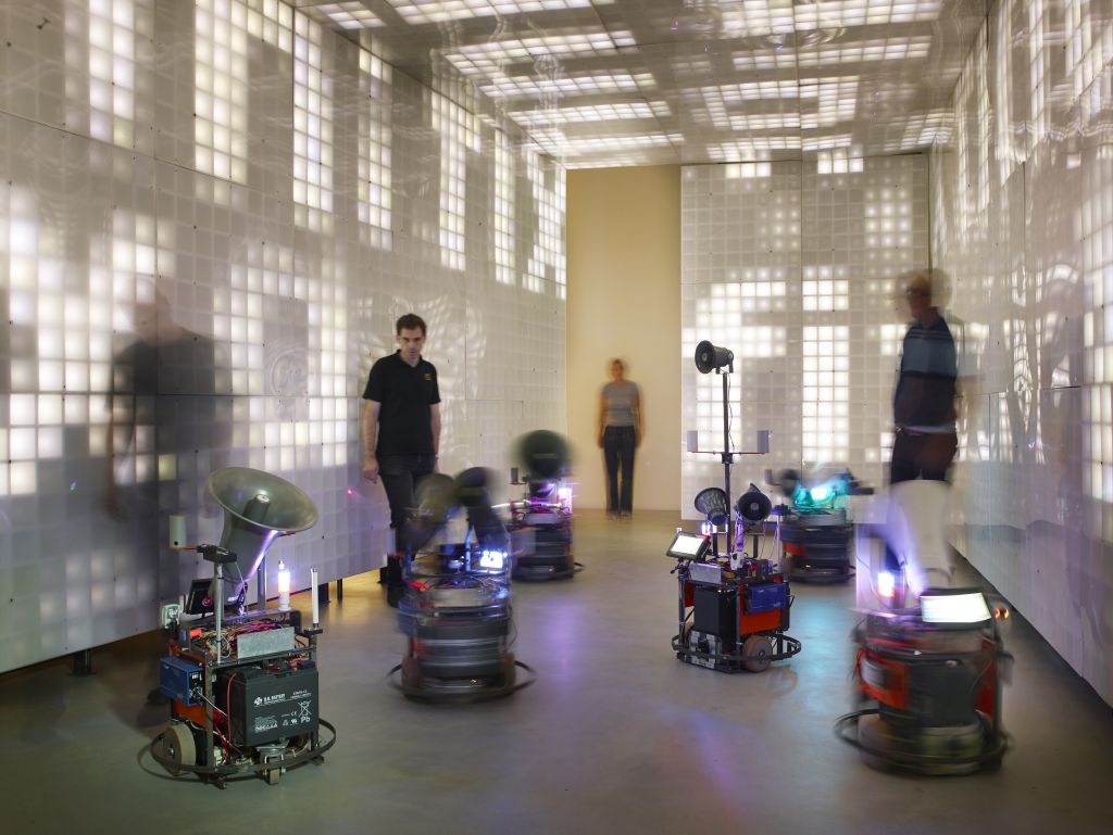BBM (Observers of Operators of Machines): EPKOT (Experimental Prototype Killers of Tomorrow), 2018, interactive installation, mixed media (robots, displays, sound), installation view Kunsthalle Mannheim 2018, courtesy BBM, © photo: Hardy Müller, Mannheim