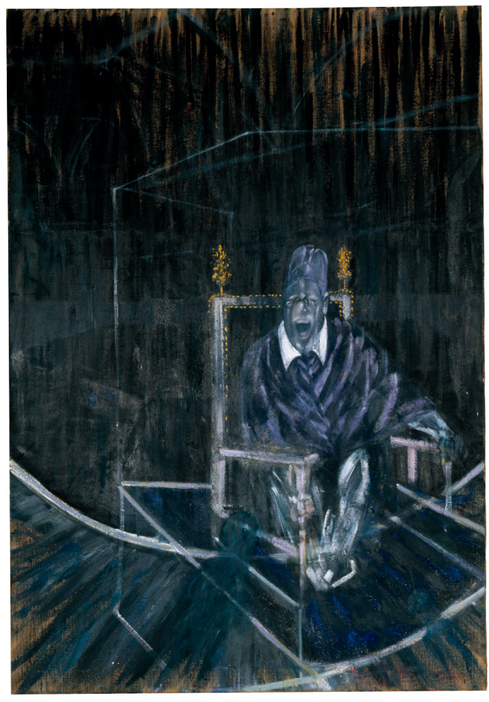 Das hochfromatige Gemälde zeigt einen blassen sitzenden Papst auf einem Thron in einem dunklen Raum . Er trägt eine violette Kopfbedeckung und einen violetten Schulterüberwurf. Der Mann wendet sich den Betrachter*innen zu. Sein Mund ist weit aufgegrissen.