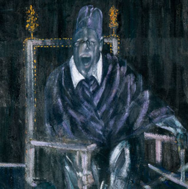 Das Gemälde zeigt einen Mann, der auf einem Thron sitzt. Die blasse Gestalt trägt die Kleidung des Papstes, einen violetten Hut und einen violetten Mantel. Sein Mund ist weit aufgerissen. Figur und Thron werden von einem dunklen Hintergrund hinterfangen.