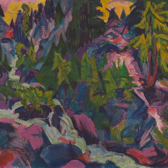 Das querformatige Gemälde "Bergbach“ zeigt eine kantige Berglandschaft mit grünen Nadelbäumen, Grasflächen und Büschen sowie violetten Felsen. Rechts führt ein Steg über den Bergbach. Dieser fließt im Bild von oben links schräg nach rechts unten. 