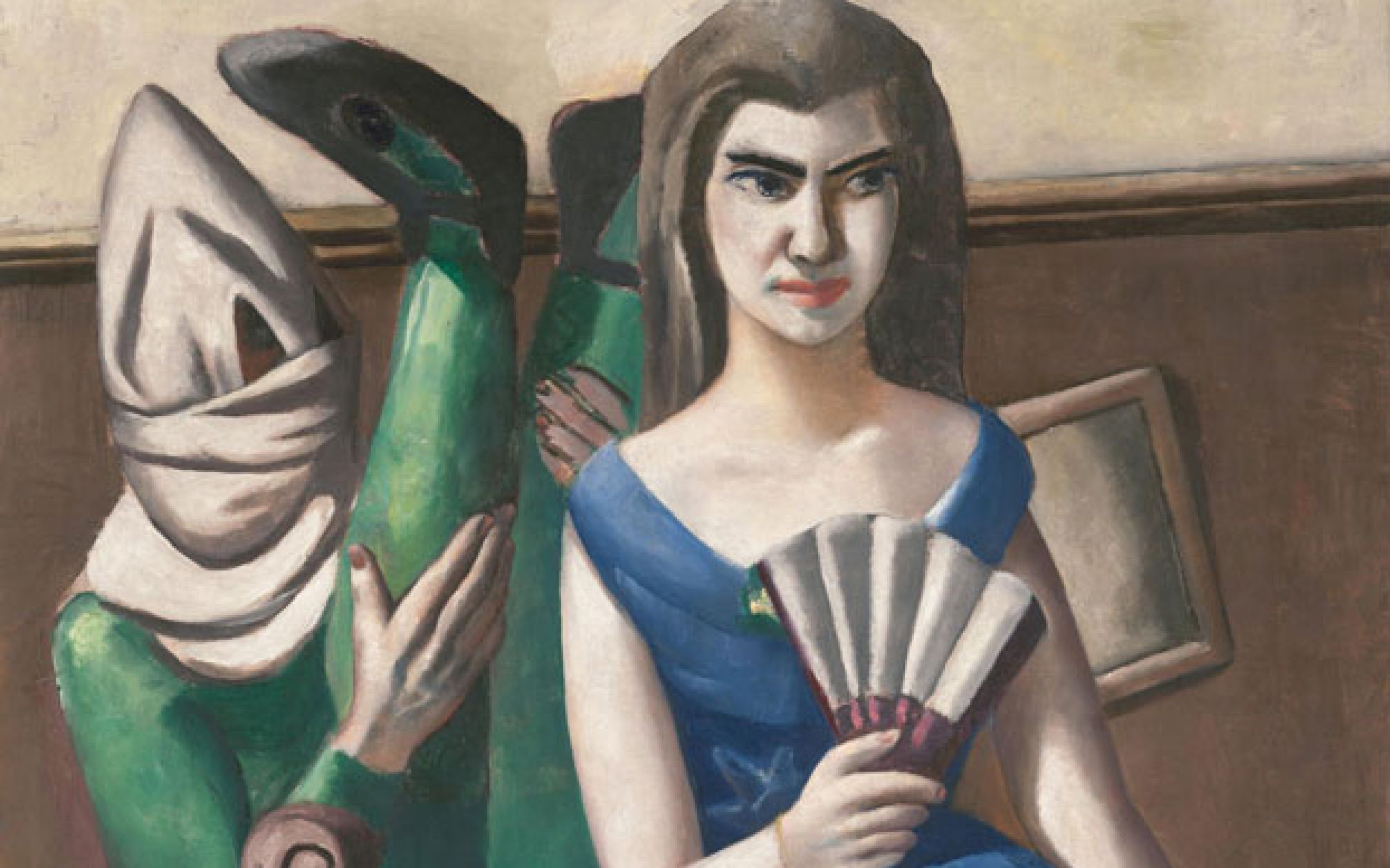 Das Bild zeigt rechts in blauem Kleid und heller Strumpfhose Mathilda von Kaulbach sitzend - einen Fächer in der rechten Hand. Zu ihrer Rechten sitzt eine Person in grünem Ganzkörperanzug. Kopf und Gesicht sind verhüllt - beide Beine nach oben gestreckt.