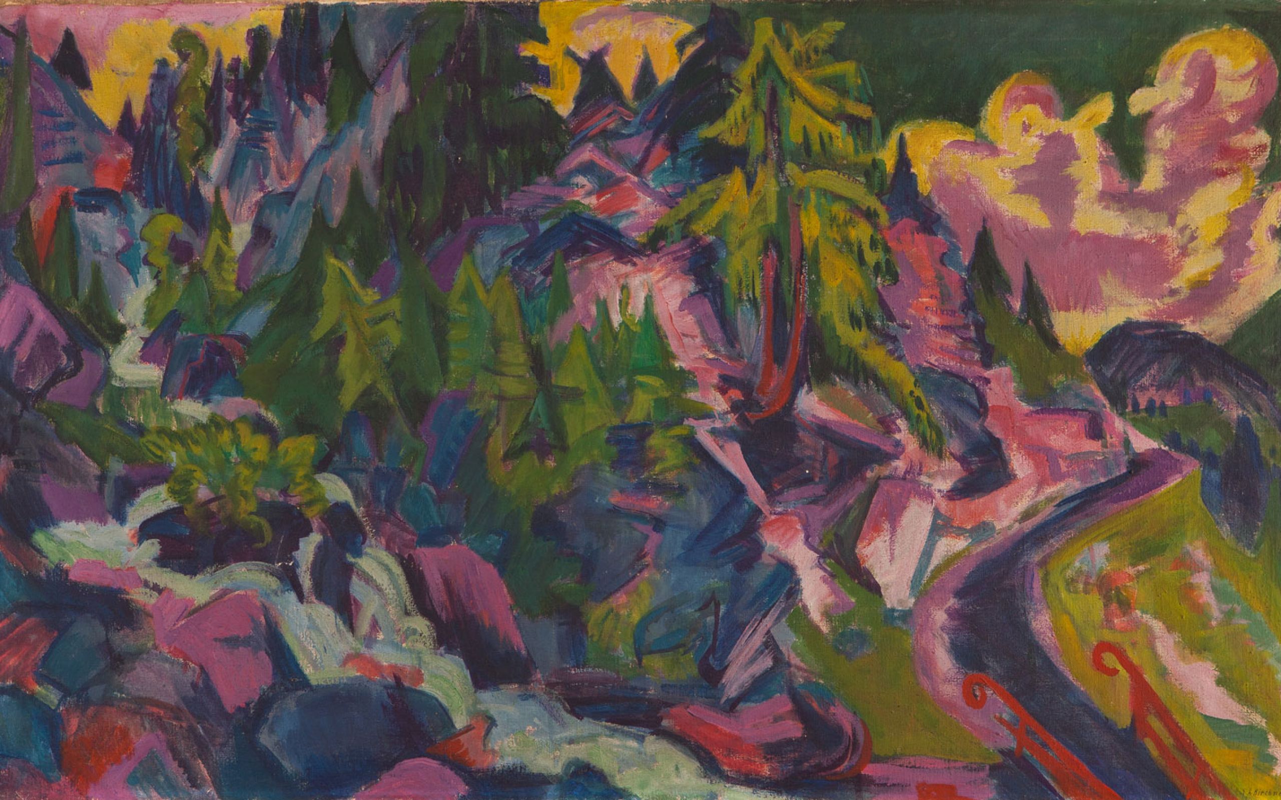Zu sehen ist das Gemälde "Bergbach". Das querformatige Werk zeigt eine Berglandschaft mit grünen Nadelbäumen, Grasflächen und Büschen sowie violetten Felsen. Rechts führt ein Steg über den Bergbach. Dieser fließt im Bild von oben links schräg nach rechts 